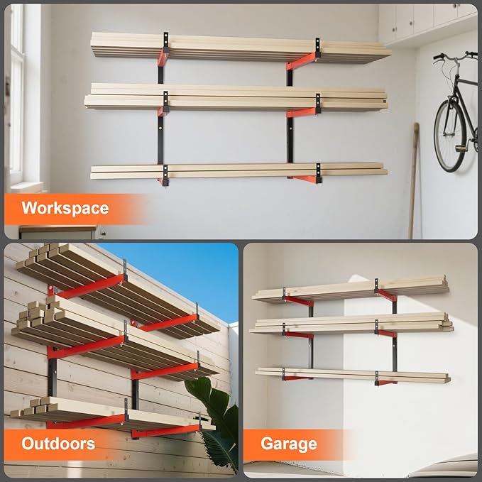 27" Lengthened Lumber Storage Rack Wall Mount, 6-Hole Adjustable Wood Organizer Folding Lumber Storage Metal Rack Outdoor Indoor (2 Pack)