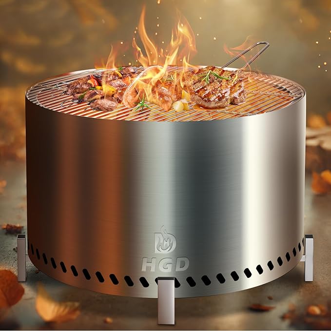 HGD 27.5" Smokeless Firepit with Stand & Grill Rack, Large Stainless Steel Wood Burning Fire Pit for Friends & Family Gatherings, Secondary Combustion Outdoor Patio Stove for Garden BBQ & Bonfire