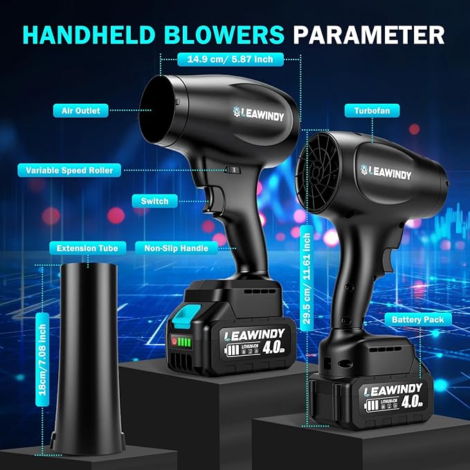 Cordless Leaf Blower with Extended Nozzle, 6 Speed Modes Turbo Jet Blower for Drying, Leaf Blower Cordless with 4.0AH Battery and Charger, Handheld Mini Leaf Blowers for Lawn Care, Patio, Car, Garage