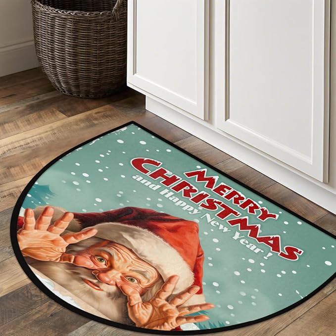 Christmas Half Round Door Mat, Merry Christmas Funny Santa Semicircle Door Mats, Non Slip Area Rug Soft Doormat for Indoor Entrance Wear Resistant Welcome Mat for Garage Patio Home Decor 24 x 36 In