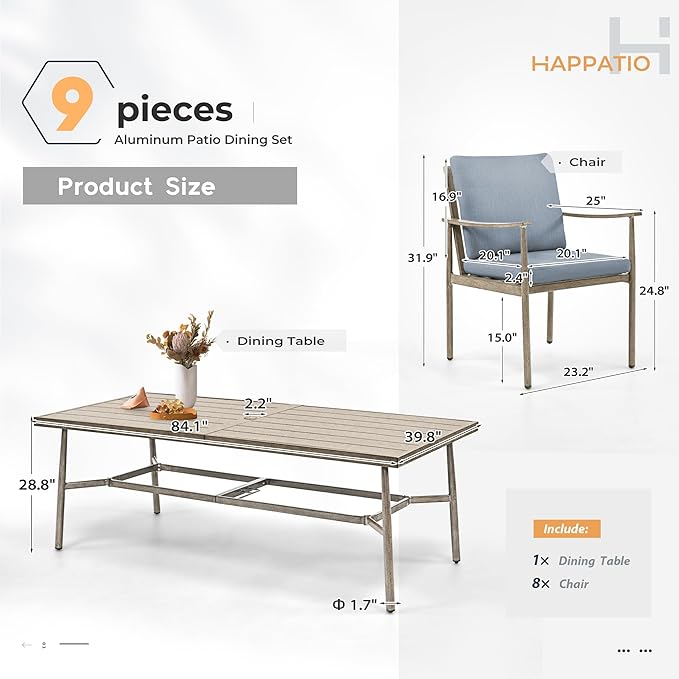 HAPPATIO 9-Piece Patio Table and Chairs Set for 8, Aluminum Outdoor Dining Set with Cushions, 8 Dining Chairs, 1 Large Rectangular Table with Umbrella Hole for Lawn, Porch, Backyard, Brown