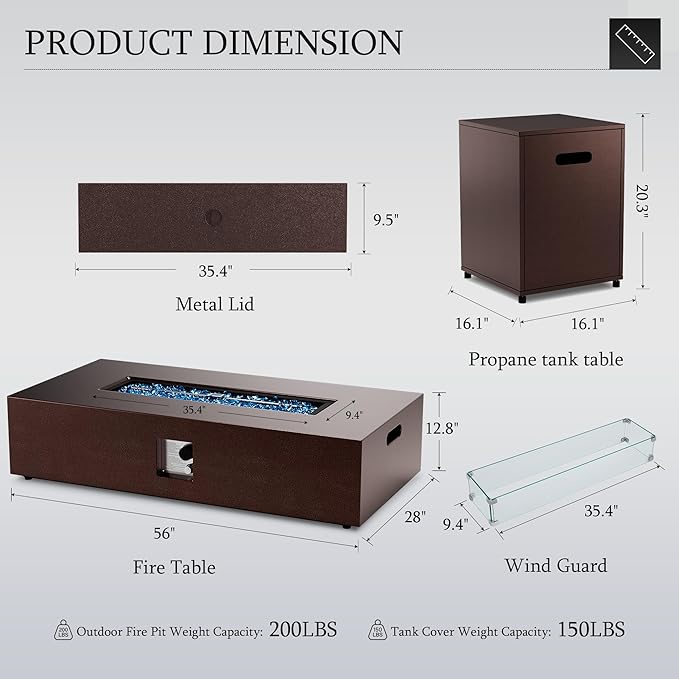 UPHA 56-inch Outdoor Propane Gas Fire Pit Table 50000 BTU Iron Rectangle Firepit for Outside Patio with Tank Hidden Table, Wind Guard, Removable Lid, Blue Glass Rocks, Rain Cover, Brown