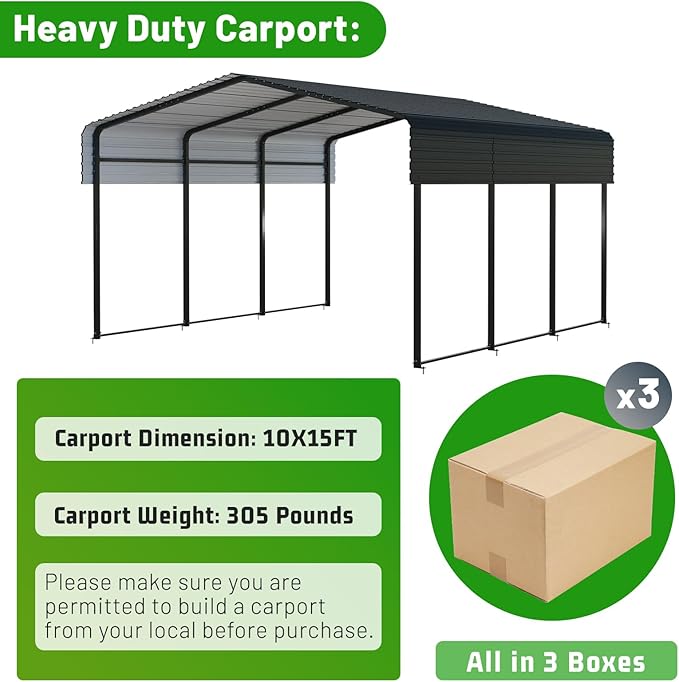 10 x 15 FT Metal Carport with Heavy Duty Galvanized Steel Roof & Durable Frame, Metal Car Garage, Sturdy Canopy Shelter for Car, Truck, Pickup, SUV, Tractor, and Boat