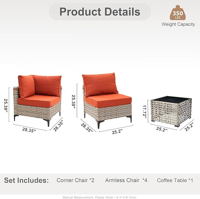 HOOOWOOO Outdoor Patio Furniture Set,7 Pieces Wicker Out Door Sectional Furniture L Shaped Couch,Outside Patio Conversation Sets with LED Table,Brick Red