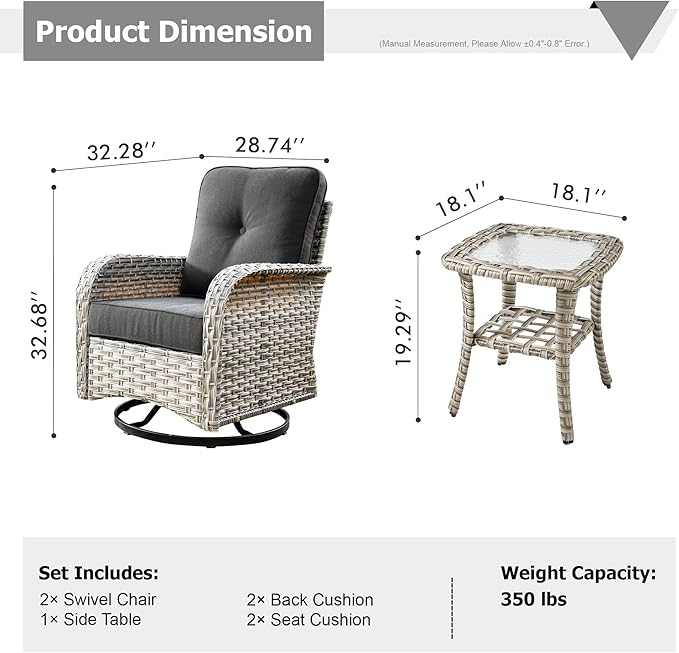 HOOOWOOO Outdoor Patio Bistro Set,3 Pieces Wicker Out Door Swivel Rocking Chair with Matching Side Table,Patio Furniture Sets,Denim Blue