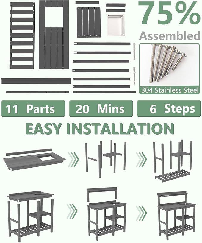 FOOWIN Potting Bench, HDPE Outdoor Potting Table with Sink, All-Weather Potting Benches for Outside, Gardening Table with Storage Shelf, Hook, for Garden, Patio, Lawns, Grey