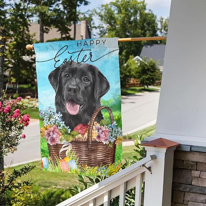 Happy Easter Labrador Dog Lab Black Flower Egg Garden Flag Welcome Party Outdoor Outside Decorations Picks Home House Garden Yard Decor 12x18 Inch