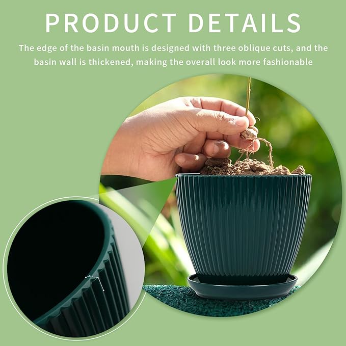 Plant Pots Indoor with Saucers & Drainage - 6 Pack Flower Pots - Plastic Planters for Indoor Planter - 7.5/6.6/5.8/5.0/4.3/3.5 inches Sizes for All Different Types of Plants-Dark Green