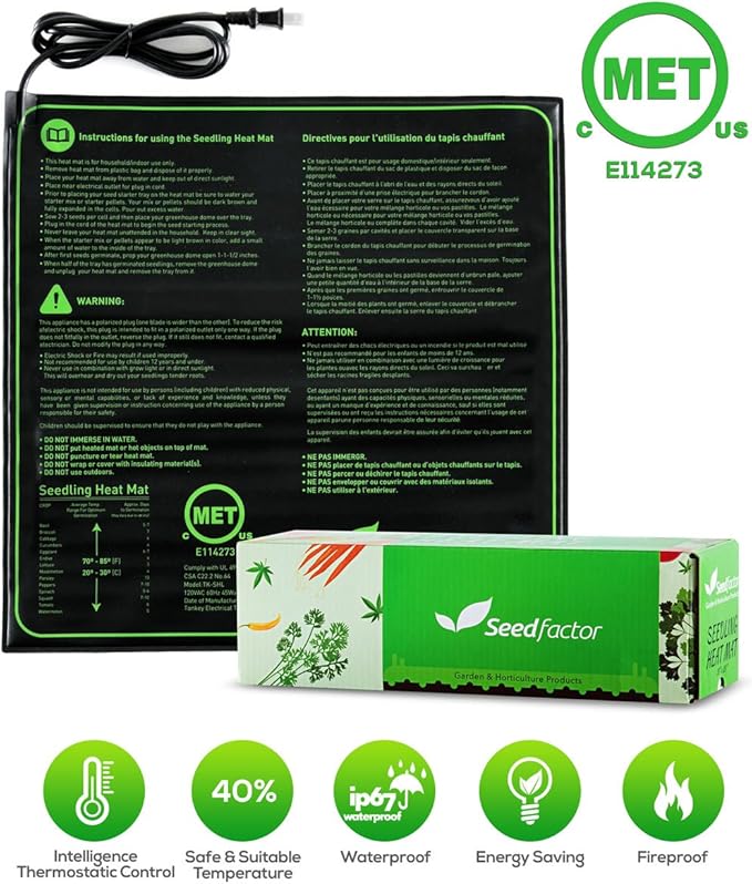 MET Certified Seedling Heat Mat, Seedfactor Waterproof Durable Germination Station Heat Mat, Warm Hydroponic Heating Pad for Indoor Home Gardening Seed Starter(20" x 20")