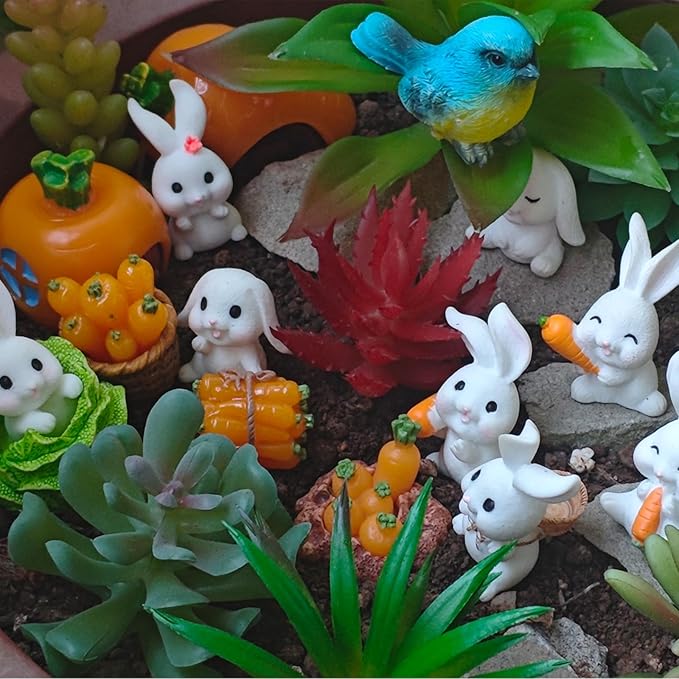 Kai Dream 39 Pcs Fairy Garden Kit - Rabbits and Carrots House,Bunnies Themed Mini Resin Figurines Indoor or Outdoor Decoration,Plant House or Patio Micro Landscapes Décor