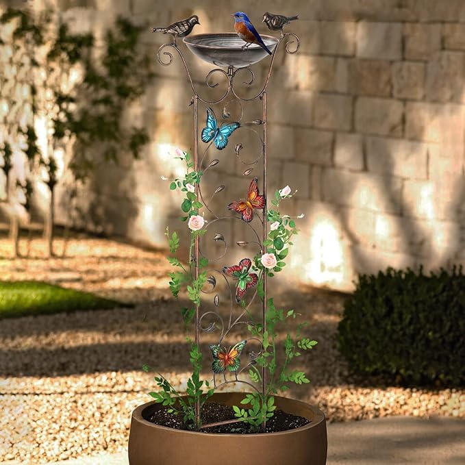 SUNNYPARK Bird Bath with Trellis Outdoor, Antique Garden Iron Trellis with Decorative Butterflies Detachable Bird Bowl Metal Potted Plants Support for Climbing Flowers
