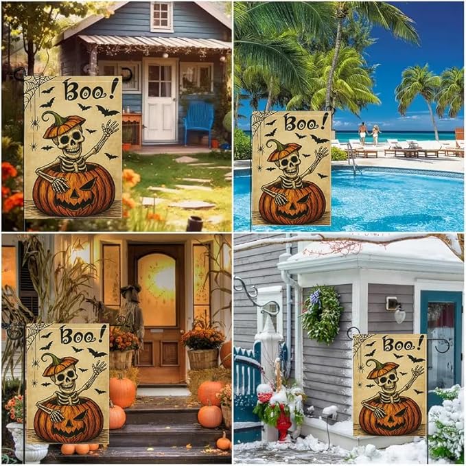 Halloween Garden Flag 12x18 Inch Boo Skeleton Pumpkin Yard flag Double Sided Spooky Outdoor Lawn Porch Patio Party Decoration Holiday Decor