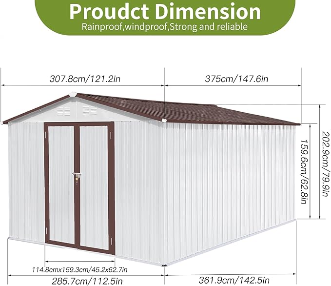 12x10FT Heavy-Duty Metal Storage Shed, Extra-Large Outdoor Shed with Apex Roof, Steel Vents & Hinged Door, Includes Free Padlock for Secure Tool & Equipment Storage (Easy Assembly)