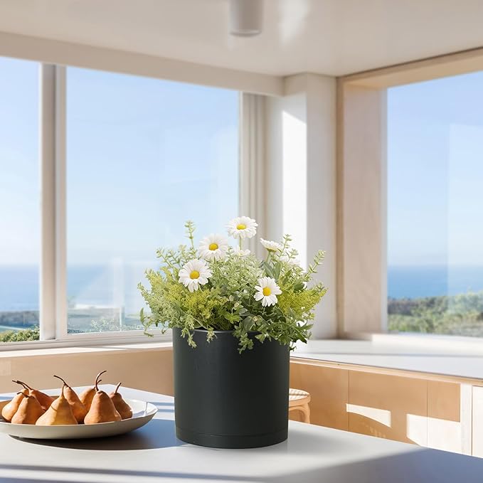 Cylinder 10 inch Plant Pots, Mordern Plastic Planters with Drainage Holes and Saucers for Indoor Outdoor Plants Flowers, Black