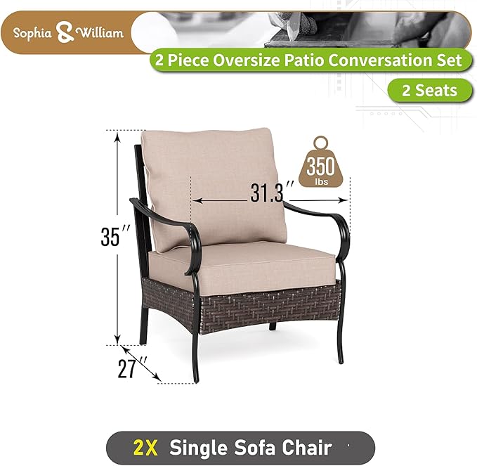 Sophia & William Extra Large Outdoor Patio Sofa Chairs Set 2 PCS Heavy-Duty Porch Furniture with High Back & Deep Seating Area, 5.5" Thicken Cushions for Deck, Lawn, Outside (Beige)