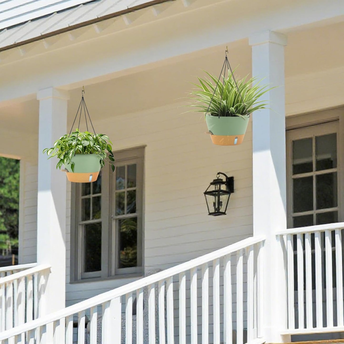 ZMTECH 12 Inch Large Hanging planters for Indoor, 2 Pack Self Watering Plant Pot for Outdoor Garden Porch, Hanging Flower Pot with Visible Water Level & Removable Tray(12Inch, Green)