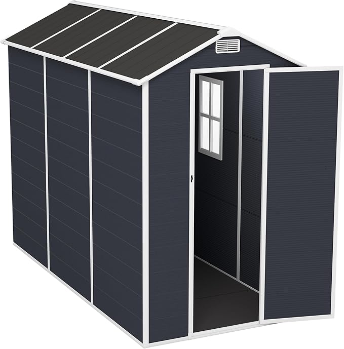 Outdoor Storage Shed 8x4 FT, Resin Shed with Floor & Window, Lockable Door, Vents, Outside Sheds & Garden Shed for Patio Furniture, Gardening Tools, Bike Accessories and Lawn Mower (Dark Gray, 4*8ft)