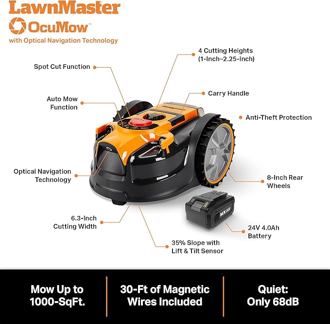 LawnMaster OcuMow™ Robot Lawn Mower with Cordless 24V MAX 10” Grass Trimmer Combo Kit Perimeter Wire Free for Small Yards 2000-4000 Square Feet Optical Navigation Automatic Obstacle Avoidance Spot Cut