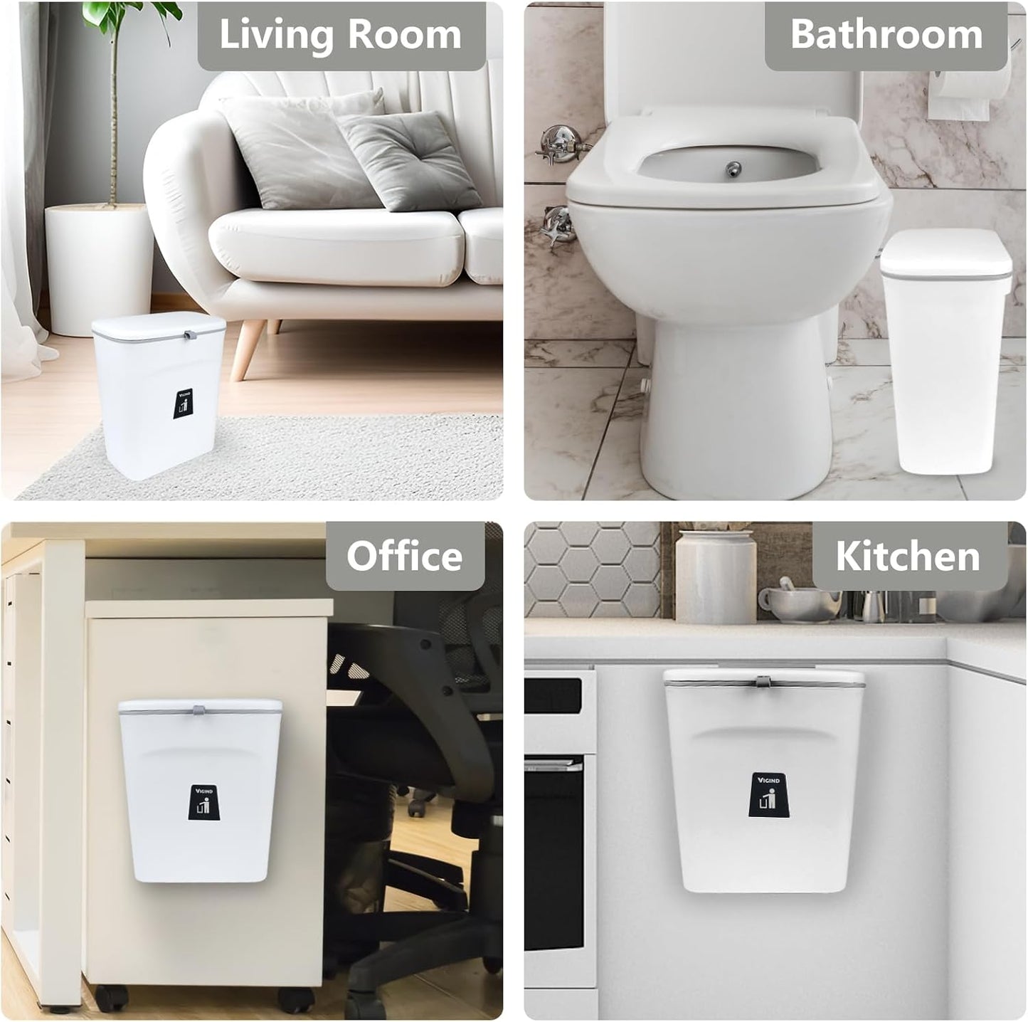 9L/2.4 Gallon Hanging Trash Can for Kitchen Cabinet Door with Lid, Small Under Sink Garbage Can,Trash Bin for Bathroom,Wall Mounted Counter Waste Kitchen Compost Bin,Plastic (White)