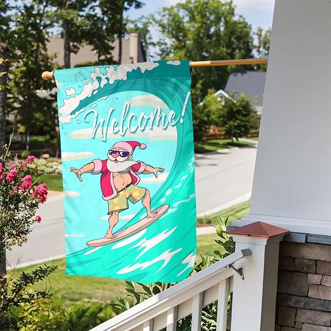 Christmas Santa Claus Hawaii Surfing Beach Garden Flag Welcome Party Outdoor Outside Decorations Picks Home House Garden Yard Decor 12x18 Inch