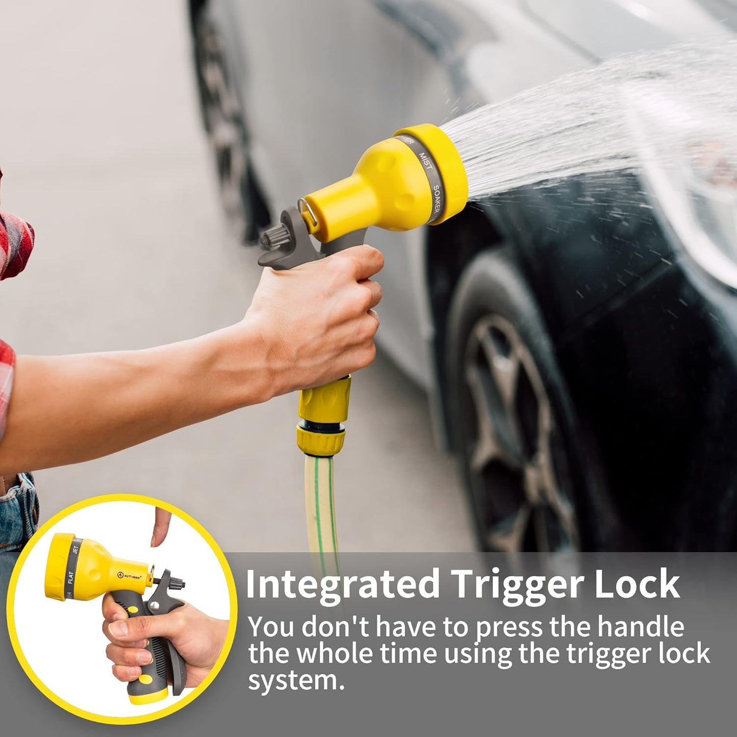 AUTOMAN-Garden-Hose-Nozzle,ABS Water Spray Nozzle with Heavy Duty 7 Adjustable Watering Patterns,Slip Resistant for Watering Plants,Lawn& Garden,Washing Cars,Cleaning,Showering Pets - Yellow