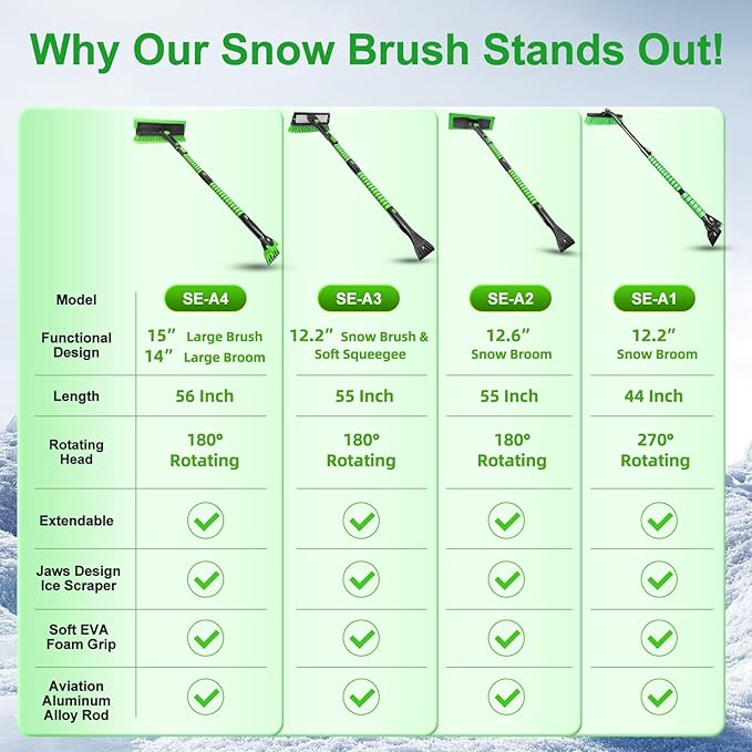 SEAAES 56 Inch Truck Snow Brush Scraper Long Handle, Heavy Duty Extendable Snow Broom for SUV, Windshield Ice Scraper with Foam Grip for Car Automobile Vehicle Window - Green
