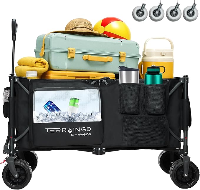Foldable Beach Wagon Cart- Interchangeable All Terrain Wheels- 12" Beach Wheels Optional- Patent Pending- Gardening, Fishing, Shopping-Built-in Insulated Cooler Pouch, More Storage Pockets, Cupholders
