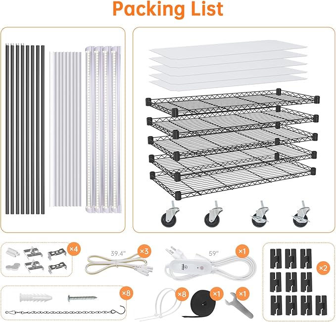 Plant Shelf with Grow Lights, 5-Tier Plant Stand with T8 24W Grow Light for Indoor Plants with Wheel, 5000K Full Spectrum LED Plant Light with Timer for Seedling, Seed Starting, 29.5x13.8x59IN