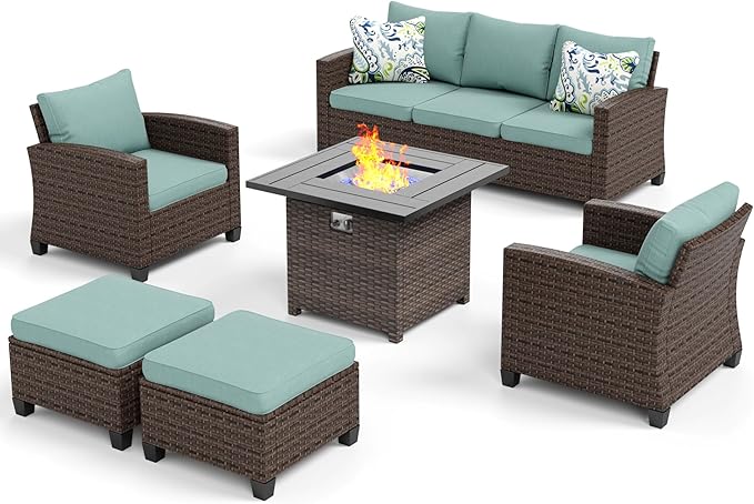 Patio Furniture Set, 6 Pcs Wicker Rattan Outdoor Conversation Set, 2 x Leg Chairs, 1 x 3 Seater Sofa and 2 x Ottoman with 4" Thick Cushion and 32" Fire Pit Table, Blue