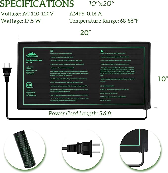 EAGLE PEAK 2 Pack Waterproof Seedling Heat Mat 10” x 20”, UL & MET-Certified Heating Pad for Seed Starting, Seed Germination, Warm Hydroponic Gardening Heating Pad, Contains (2) Warming Mats