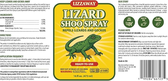 Lizard Shoo Spray - Plant-Based Lizard Repellent for Outdoors & Home - Gecko, Skink, & Reptile Deterrent - Gecko Repellent Spray to Keep Lizards Off Porch, Patio, Garden & Driveway