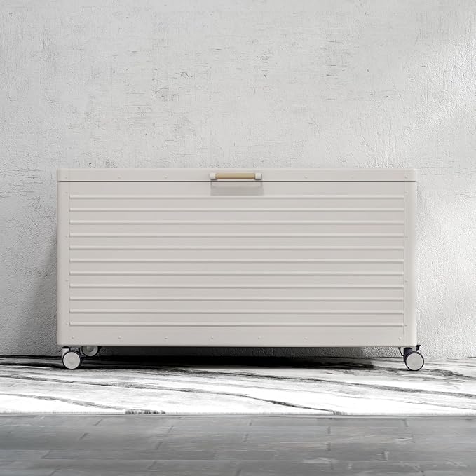 134 Gallon Outdoor Storage Box Waterproof with Wheels, Metal Deck Box for Patio Furniture, Garden Tools, Outdoor Cushion, Latte