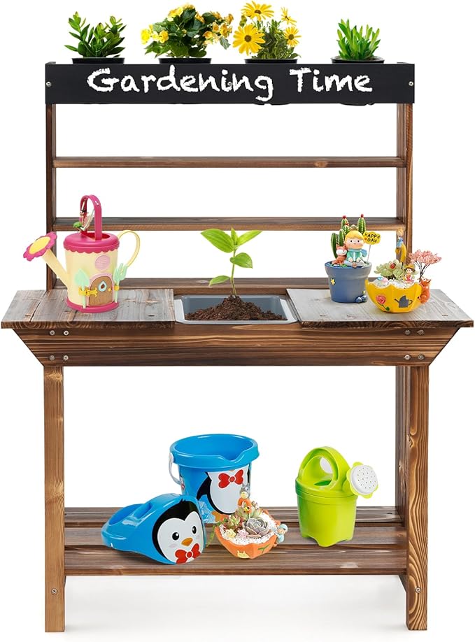 HONEY JOY Mud Kitchen, Fir Wood Kids Potting Bench Table, Removable Sink, 4 Planting Cups, Chalkboard, Outdoor Play Kitchen for Toddlers, Garden Time Mud Kitchen for Kids Outdoor Backyard