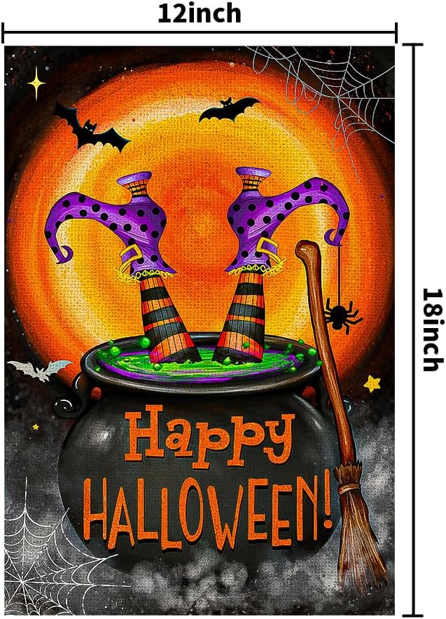 Happy Halloween Garden Flags for Outside 12x18 Inch Double Sided Burlap, Spooky Ghost Bat Sign Small Flag Farmhouse Holiday Yard Outdoor Decorations DF857