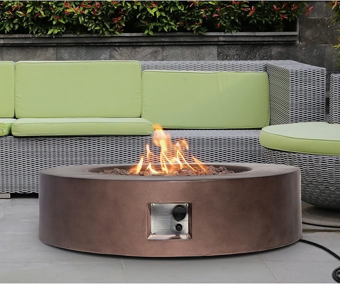 SUNBURY Outdoor 42-Inch Propane Fire Pit,CSA Certified,Dark Brown Concrete Patio Fire Table 50,000 BTU w Waterproof Cover, Lava Rocks