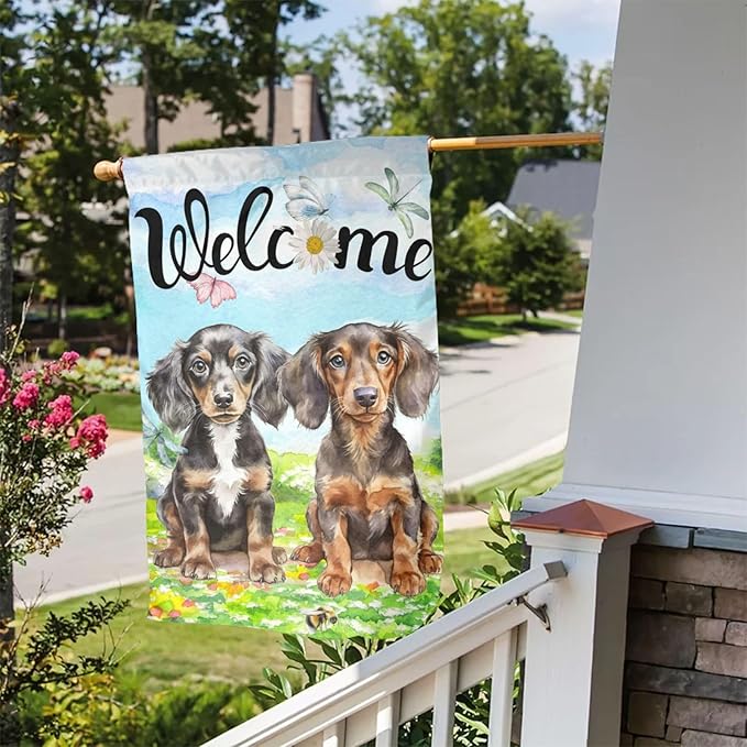 Cute Dachshund Dog Puppy Lovers Spring Flowers Florals Garden Flag Welcome Party Outdoor Outside Decorations Picks Home House Garden Yard Decor 12x18 Inch