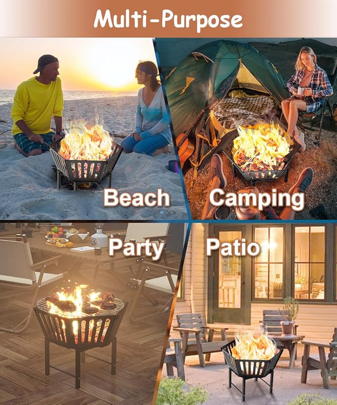 22.5 Inch Portable Plug Fire Pit for Camping, Heightened Detachable Outdoor Wood Burning Firepits for Outside Patio Heating, Picnic, Bonfire and BBQ with Carrying Bag, Vertical Hollow Style