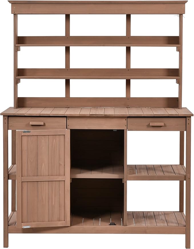 66" Outdoor Potting Bench Workstation - Farmhouse Style Wooden Garden Table with Drawers, Cabinet & Open Shelves (Brown + Solid Wood + originalwood)