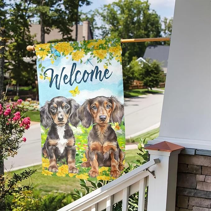 Puppy Lovers Spring Flowers Florals Cute Dachshund Dog Garden Flag Welcome Party Outdoor Outside Decorations Picks Home House Garden Yard Decor 12x18 Inch