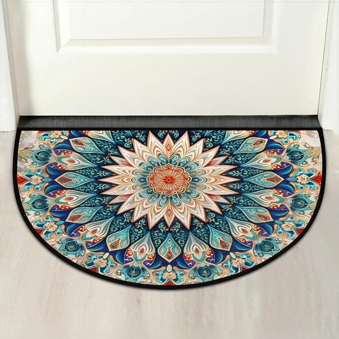 cfpolar Boho Vintage Mandala Flower Shape Half Round Semicircle Non Slip Soft Area Rug for Front Door Indoor Entrance Wear Resistant Welcome Mat for Garage Patio Home Decor 24 x 36 in