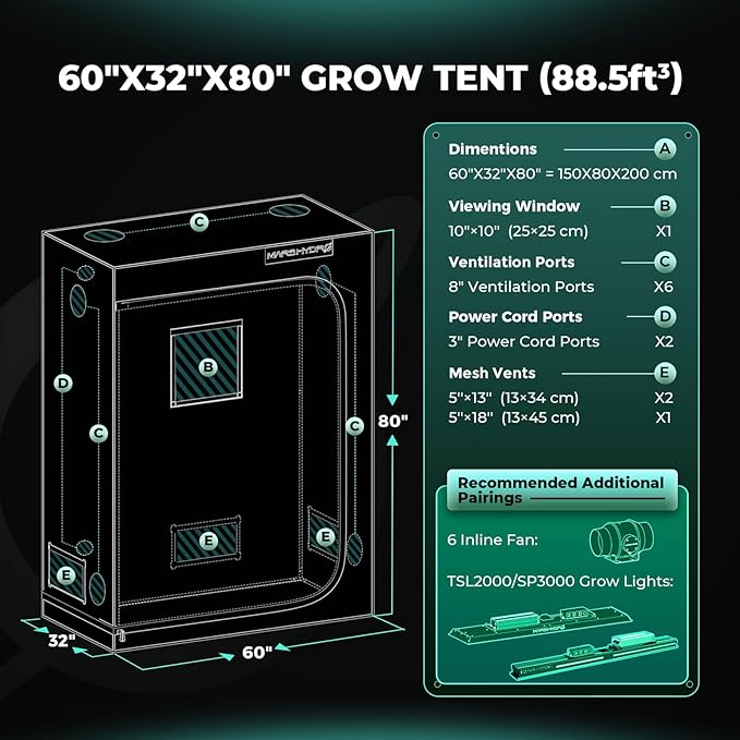 MARS HYDRO 5x2.6 Advanced Grow Tent, 60"x32"x80" High Reflective Mylar 1680D for Hydroponics Indoor Plant Growing, with Observation Window,Floor Tray and Smooth Zipper for TSL2000/SP3000