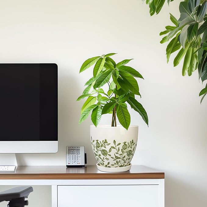 Ceramic Pot for Plants 6.8 Inch - Ceramic Plant Pot Indoor with Drainage Hole and Saucer, Round Boho Planter for Indoor Outdoor Plants, Plant Lover Gifts, Home Office Garden Decor, White