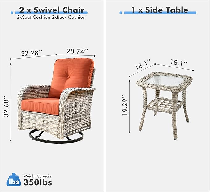 Outdoor Swivel Rocker Patio Chairs with Side Table,Wicker Swivel Rocking Chair Set of 2,3PCS High Back Wicker Patio Furniture Set Glider Chairs for Porch, Balcony, Deck,Yard,Orange Red