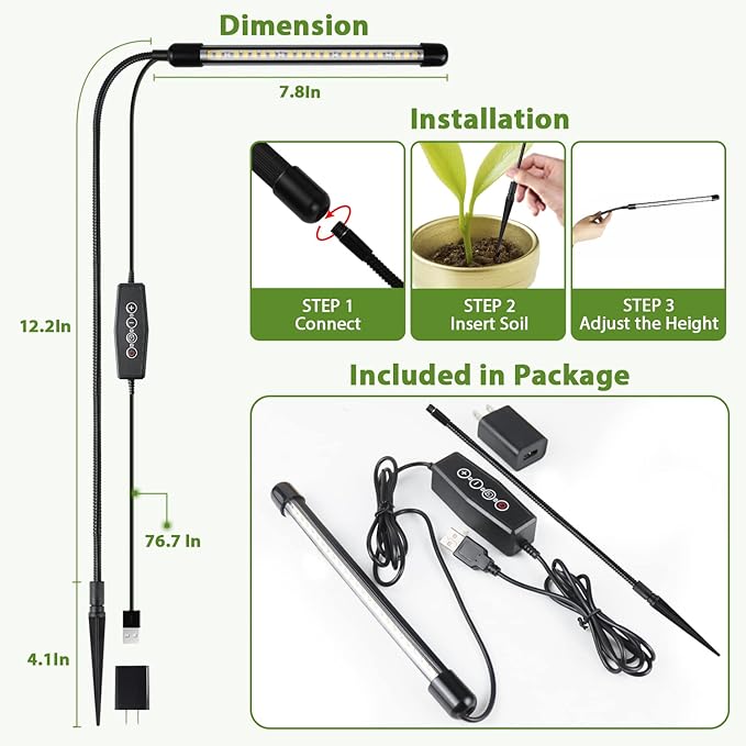 Grow Light for Indoor Plants Growing, 1 Pack 6000K Full Spectrum Gooseneck Plant Lamp for Seedings Succulents Small Plants, Auto On/Off Timing & 5 Dimming