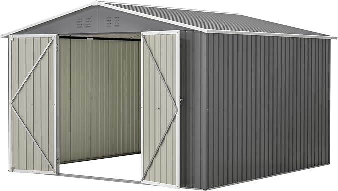 10×10 FT Outdoor Storage Shed,Metal Aluminum Waterproof Tool Sheds with Doors and Vents,Heavy-Duty Sheds Unit W/Lock and Key,for Storing Bicycles,Lawnmowers,Barbeques,Gray