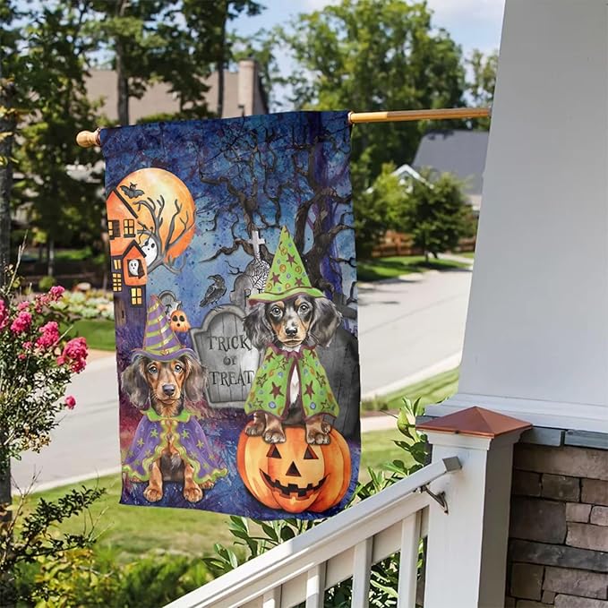 Dachshund Dog Halloween Tombstone Scary Pumpkin Garden Flag Welcome Party Outdoor Outside Decorations Picks Home House Garden Yard Decor 12x18 Inch