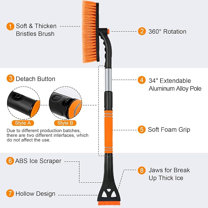 2 Pack Ice Scrapers for Car Windshield, 2-in-1 Snow Scraper and Snow Brush for Car SUV Truck, Car Ice Windshield Scraper for Ice and Snow with 360° Pivoting Brush and Ergonomic Foam Grip Orange
