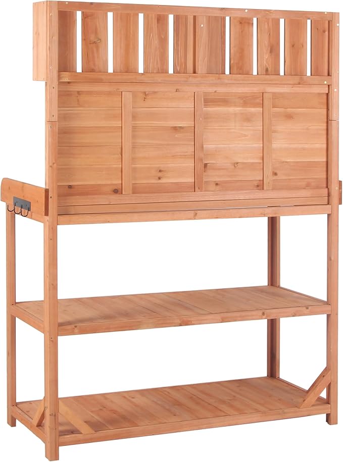 Outdoor Wooden Potting Bench Table β Farmhouse Garden Workstation with Drawers, Cabinet & Storage Shelves, Large Fir Wood Work Table for Patio, Backyard, Mudroom, Greenhouse (Natural, 65'' H)