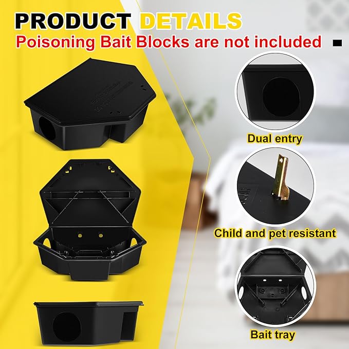 Qualirey 1 Pc Rat Bait Station with Keys 13.58 x 8.98 x 3.35 Inch Rodent Station Rat Traps, Keeps Children and Pets Safe Indoor and Outdoor, Bait Not Included (Black)