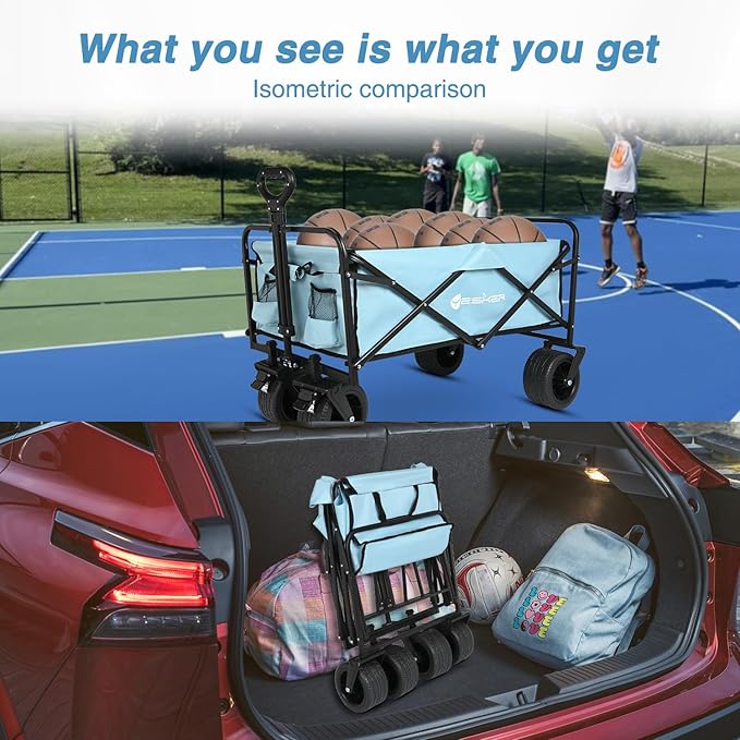 Yesker Foldable Wagon - 300lbs Collapsible Garden Carts with All Terrain Wheels for Outdoor Camping Sports Shopping Gardening - Heavy Duty Portable Utility Trolley (Blue)